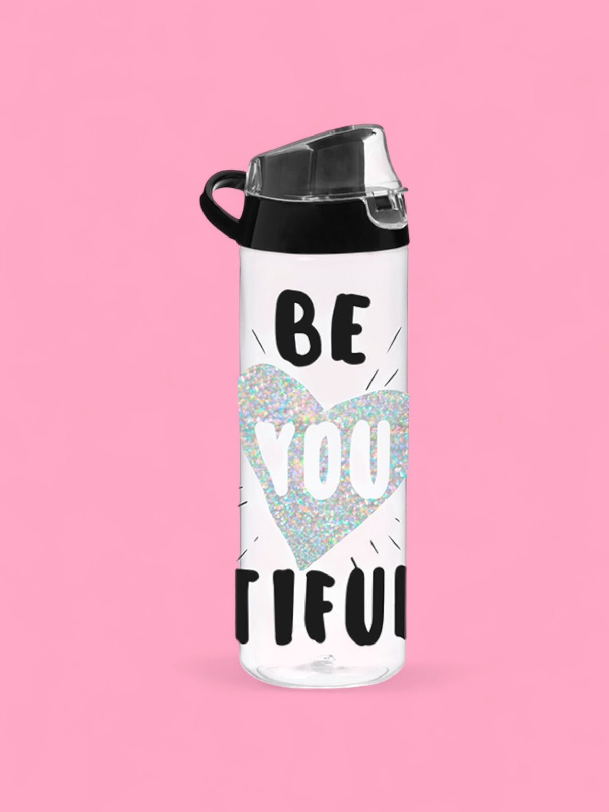 Borraccia trasparente da 750 ml con tappo nero, cuore glitterato e scritta motivazionale