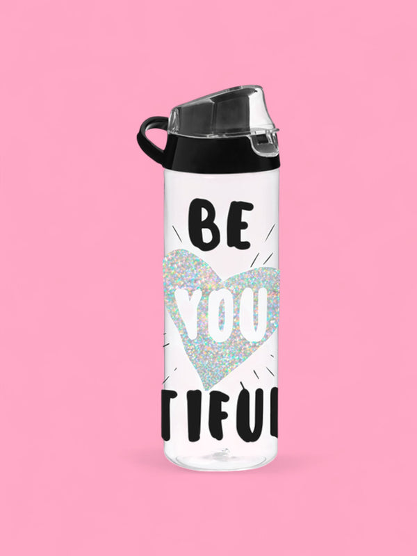 Borraccia trasparente da 750 ml con tappo nero, cuore glitterato e scritta motivazionale