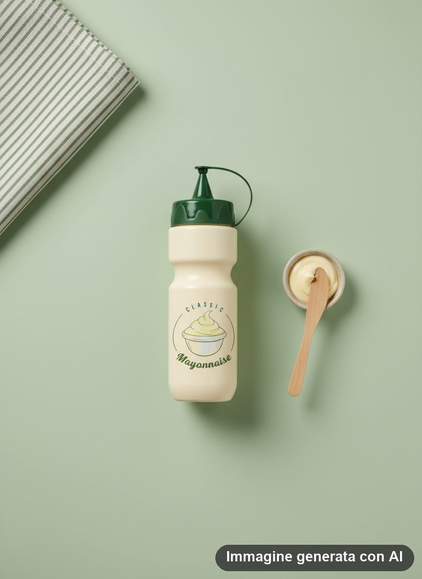 Dosatore maionese beige con tappo verde e illustrazione ciotola di maionese stile vintage
