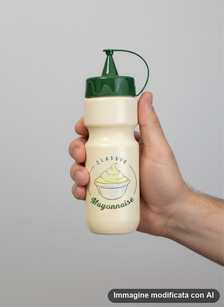 Dosatore maionese beige con tappo verde e illustrazione ciotola di maionese stile vintage