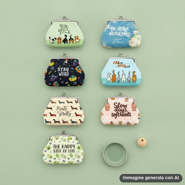 Otto portamonete con clip in diversi colori e designs, con frasi motivazionali e disegni di animali e frutti