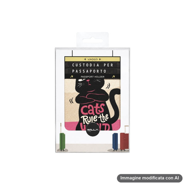 Custodia passaporto in PU con gatto nero cartoon che sorride, scritta cats rule the world su sfondo bianco e rosa