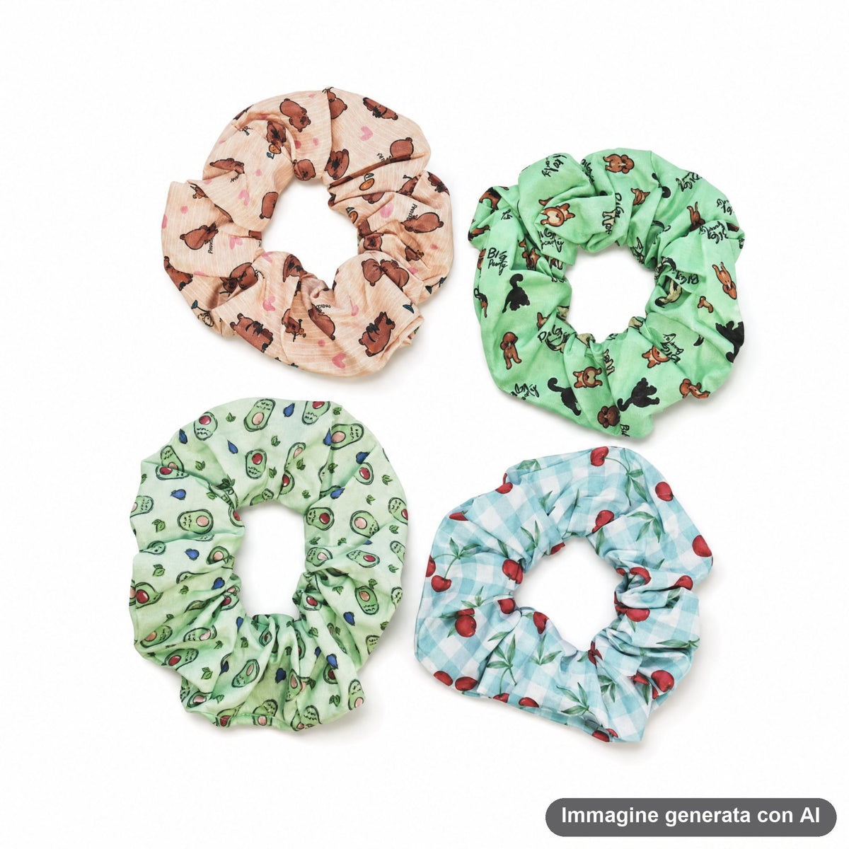 Set di quattro elastici capelli colorati con stampe di animali e frutta su tonalità pastello e verde