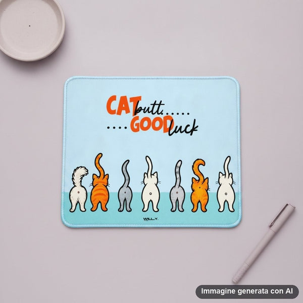 Tappetino mouse azzurro con disegno di sette gatti di spalle e scritta ironica gatto butti good luck