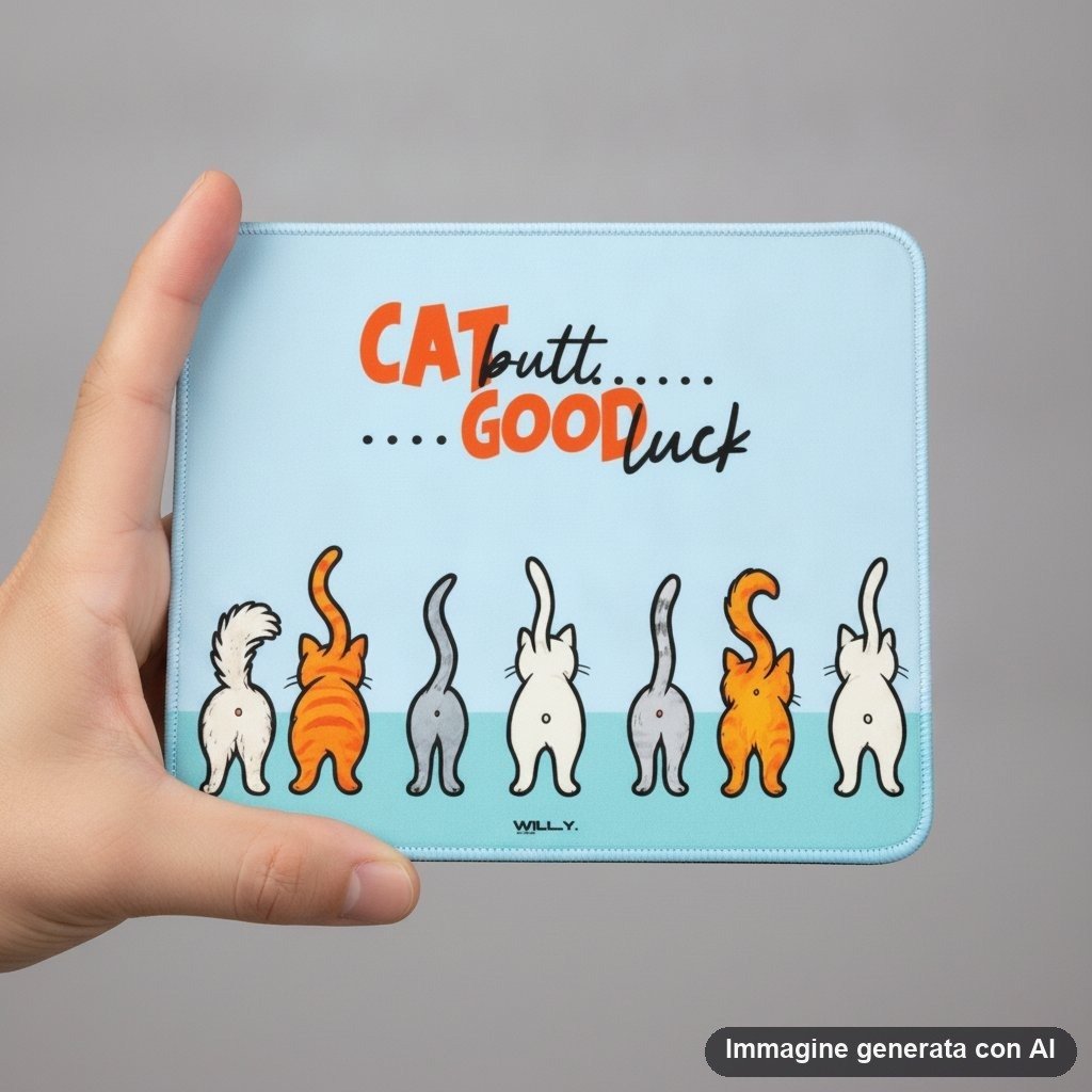 Tappetino mouse azzurro con disegno di sette gatti di spalle e scritta ironica gatto butti good luck