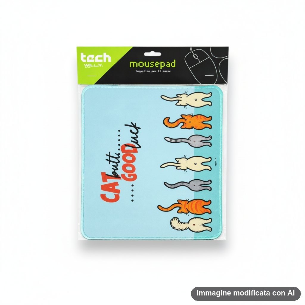 Tappetino mouse azzurro con disegno di sette gatti di spalle e scritta ironica gatto butti good luck
