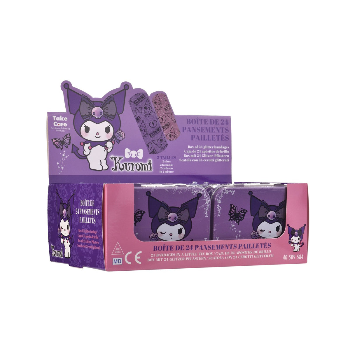 Scatola in latta viola con personaggio kawaii e farfalla, con cerotti rosa e viola decorati