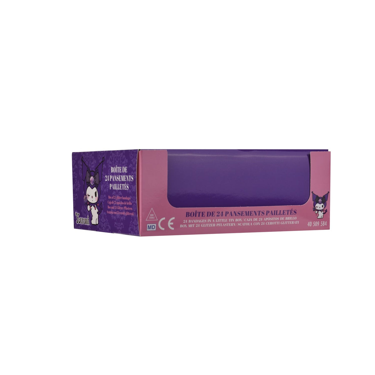 Scatola in latta viola con personaggio kawaii e farfalla, con cerotti rosa e viola decorati