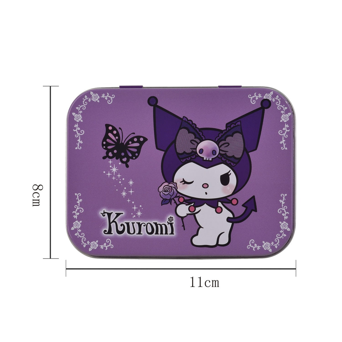 Scatola in latta viola con personaggio kawaii e farfalla, con cerotti rosa e viola decorati