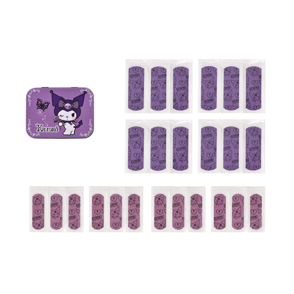 Scatola in latta viola con personaggio kawaii e farfalla, con cerotti rosa e viola decorati