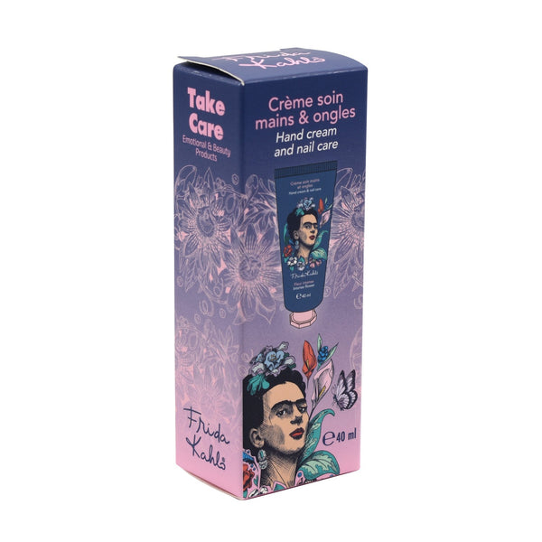 Tubetto di crema mani e unghie da 40 ml con astuccio, illustrazione floreale e ritratto femminile su fondo blu.