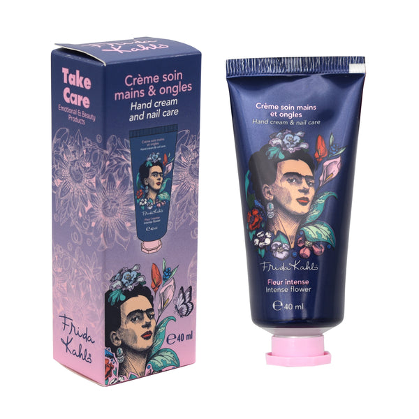 Tubetto di crema mani e unghie da 40 ml con astuccio, illustrazione floreale e ritratto femminile su fondo blu.