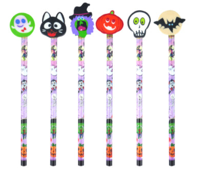 Sei matite decorate con gomme sagomate a forma di fantasma, gatto nero, strega, zucca, teschio e pipistrello