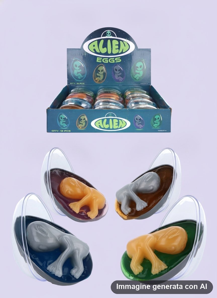 Confezione di 12 uova trasparenti con alieni stilizzati colorati dentro, design retrò con palette verde e blu