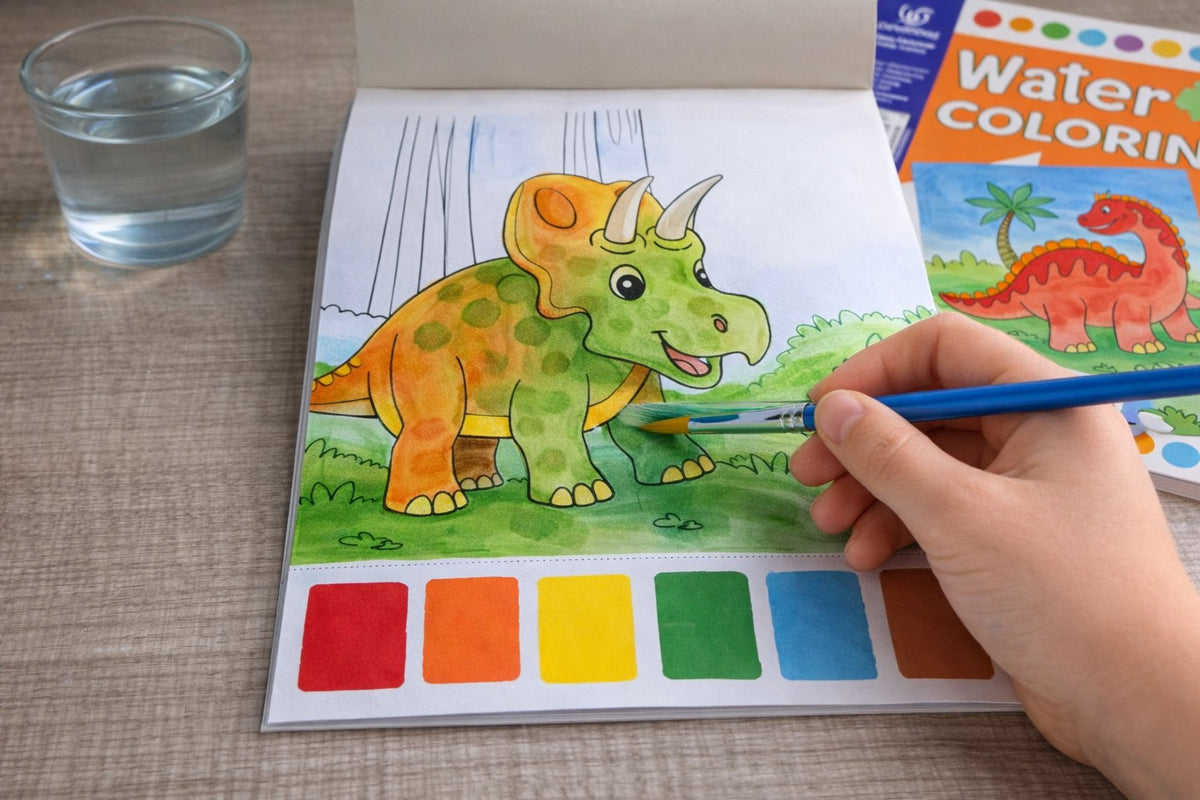 Album da colorare con acqua: dieci tavole di dinosauri, pennello incluso e colori stampati sul bordo pagina.