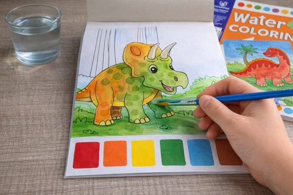 Album da colorare con acqua: dieci tavole di dinosauri, pennello incluso e colori stampati sul bordo pagina.