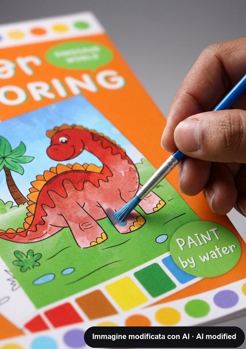 Album da colorare con acqua: dieci tavole di dinosauri, pennello incluso e colori stampati sul bordo pagina.
