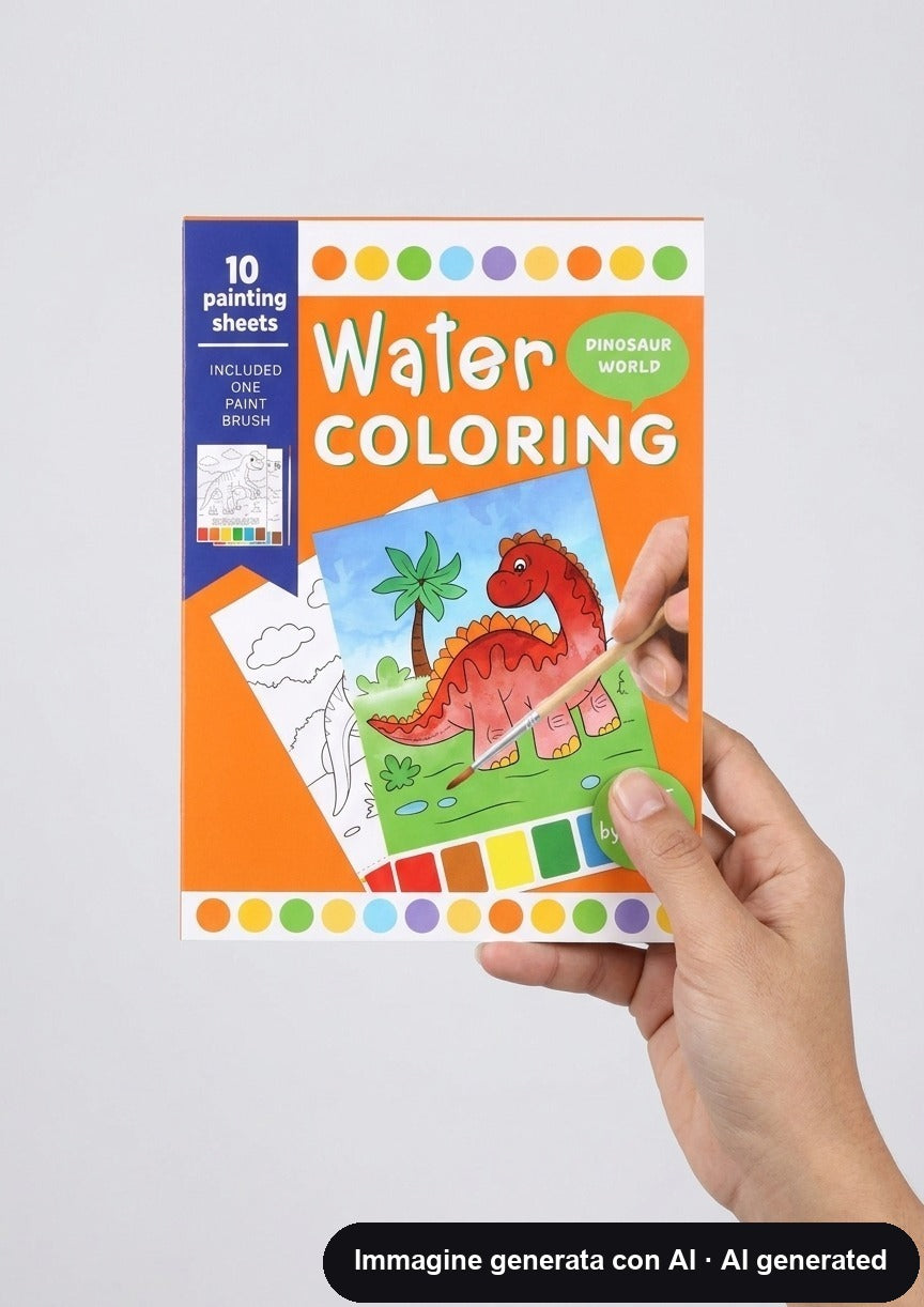 Album da colorare con acqua: dieci tavole di dinosauri, pennello incluso e colori stampati sul bordo pagina.