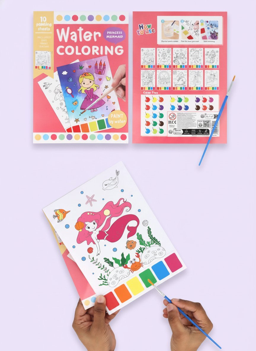 Album da colorare con acqua tema principesse e sirene, con 10 fogli bianchi da colorare, pennello blu e palette di colori inc