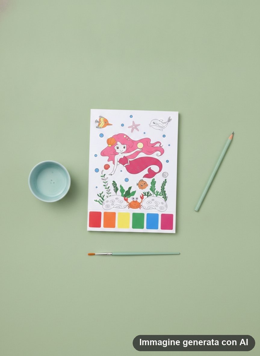 Album da colorare con acqua tema principesse e sirene, con 10 fogli bianchi da colorare, pennello blu e palette di colori inc