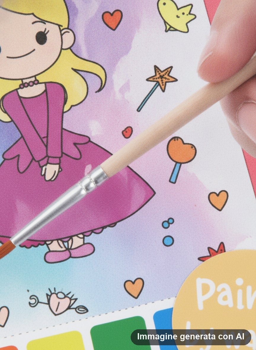 Album da colorare con acqua tema principesse e sirene, con 10 fogli bianchi da colorare, pennello blu e palette di colori inc