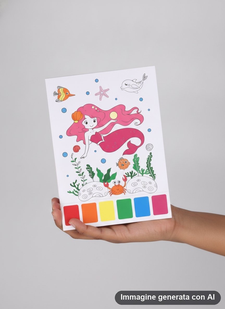 Album da colorare con acqua tema principesse e sirene, con 10 fogli bianchi da colorare, pennello blu e palette di colori inc