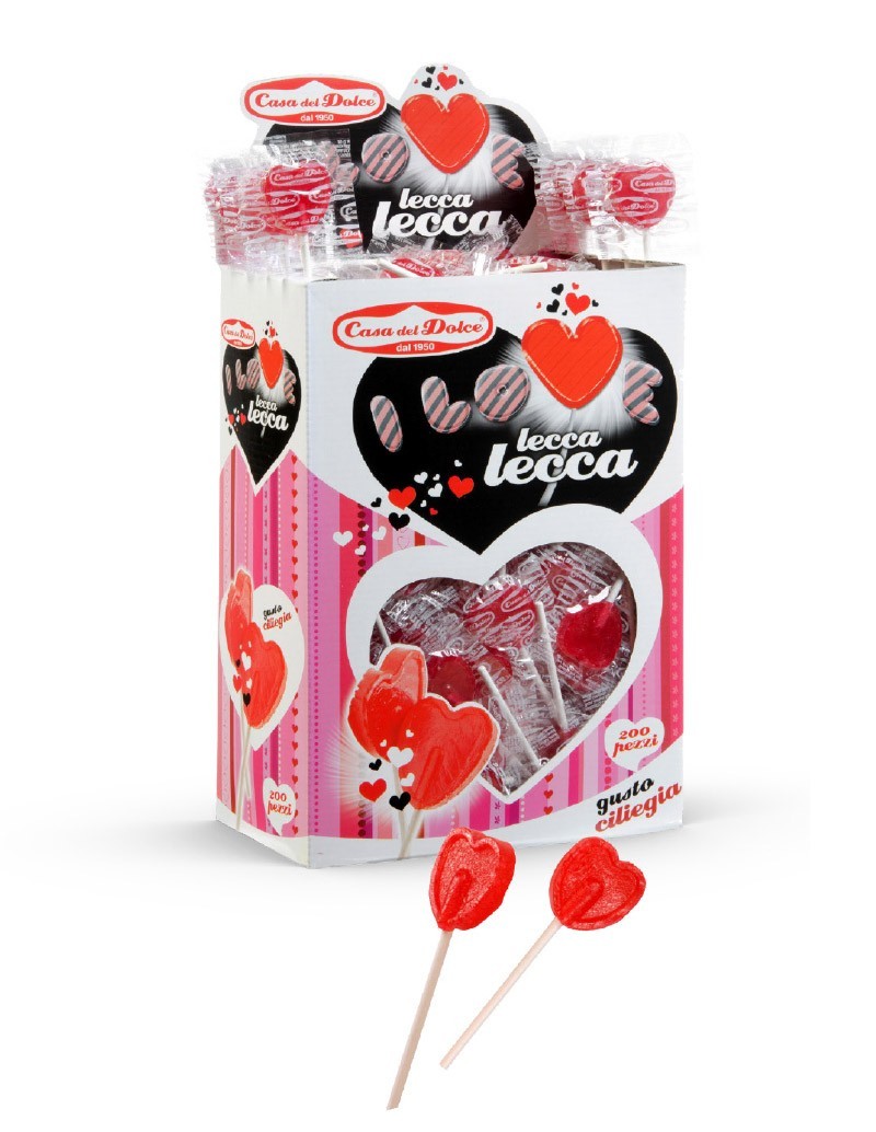 Lecca lecca rossi a forma di cuore gusto ciliegia con espositore in cartone