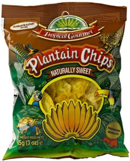 Chips di platano dolci Tropical Gourmet, sacchetto 85g con grafica tropicale verde - Willy Be Smart