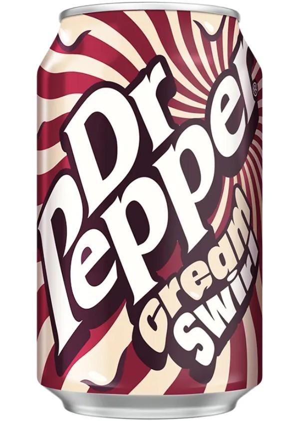 Lattina di bevanda Dr Pepper Cream Soda Swirl con grafica retrò a strisce bordeaux e beige, lettering bianco vintage, design 