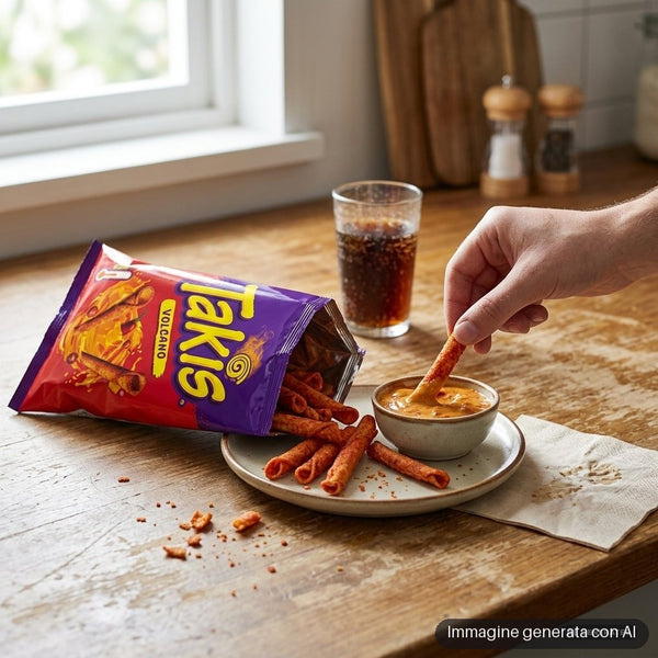 Busta rossa e viola di snack di mais arrotolato al gusto formaggio e peperoncino, piccantezza media