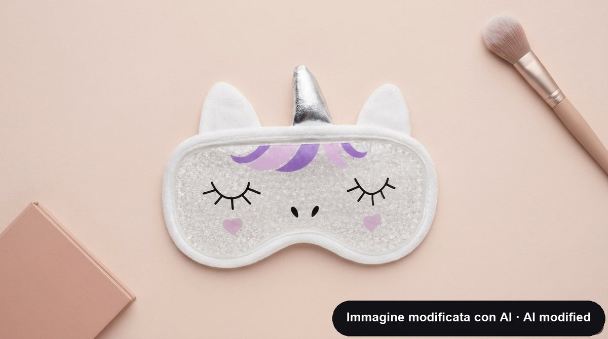 Maschera in gel per occhi a forma di unicorno bianco con criniera lilla e cuori