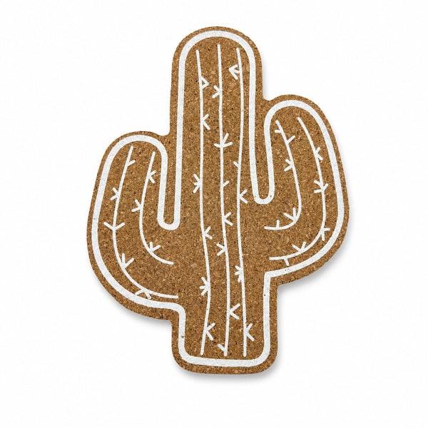 Sottopentola in sughero sagomato a cactus con contorno e spine disegnati in bianco