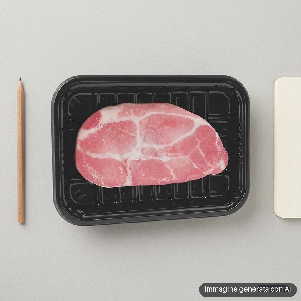 Foglietti adesivi a forma di fetta di carne appoggiati su una vaschetta nera da banco frigo