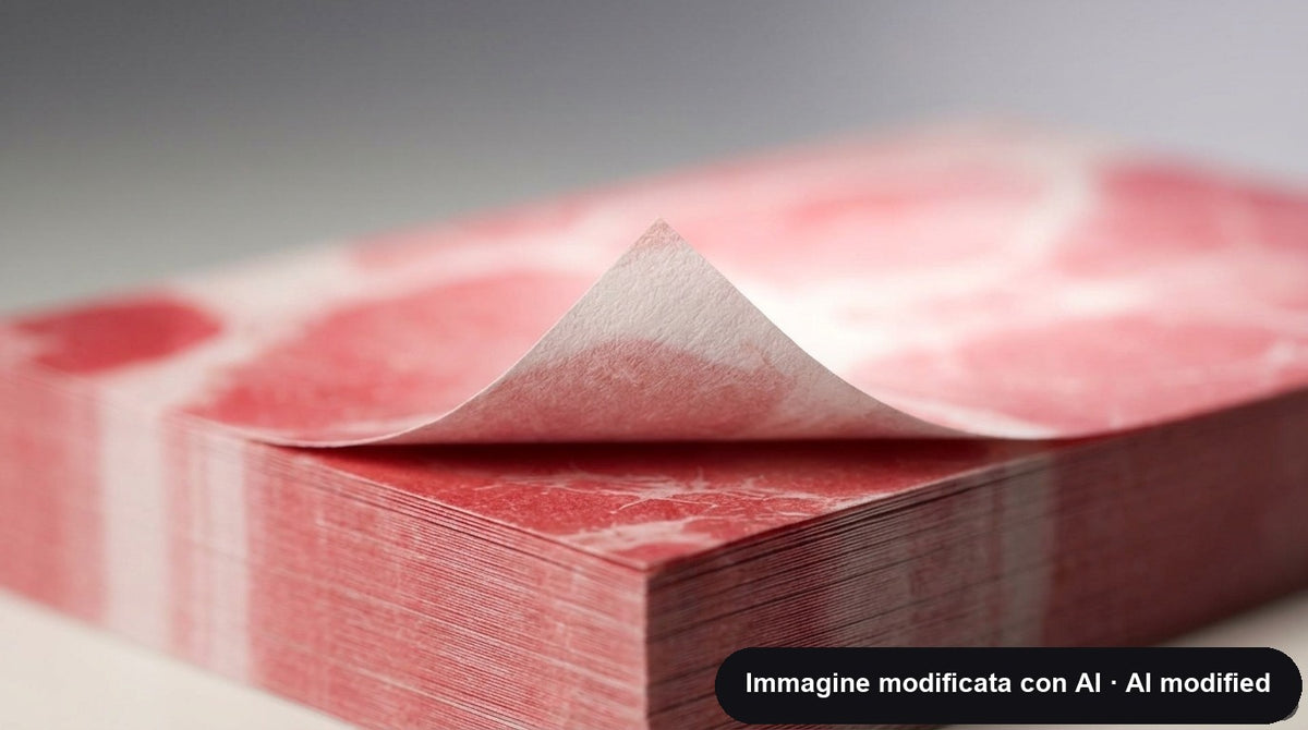 Foglietti adesivi a forma di fetta di carne appoggiati su una vaschetta nera da banco frigo