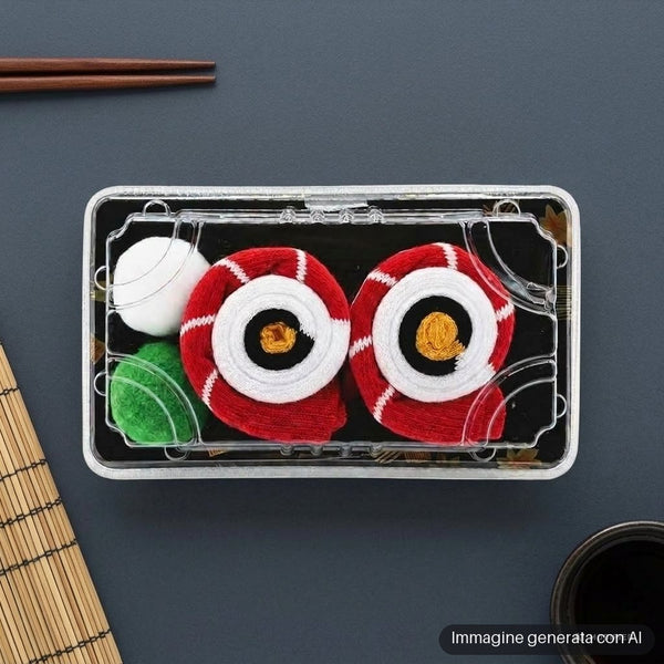 Calzini arrotolati a forma di sushi con riso, alga e pesce dentro una vaschetta trasparente