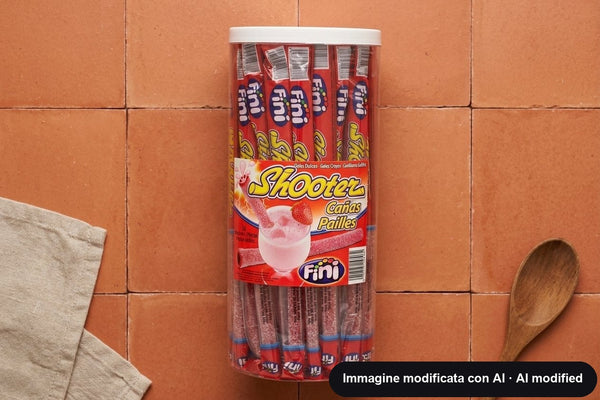 Barattolo trasparente pieno di cannucce gommose zuccherate rosse, incartate una a una
