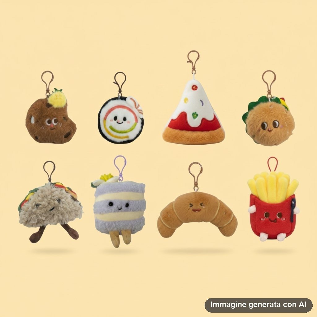 Collezione di portachiavi plush a forma di cibo kawaii: croissant, patatine fritte, pizza e biscotto con facce tenere e mosch