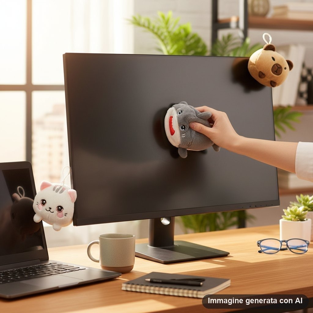 Peluche kawaii per pulire schermo: gatto grigio, elefante e orso su monitor con foglie verdi sullo sfondo