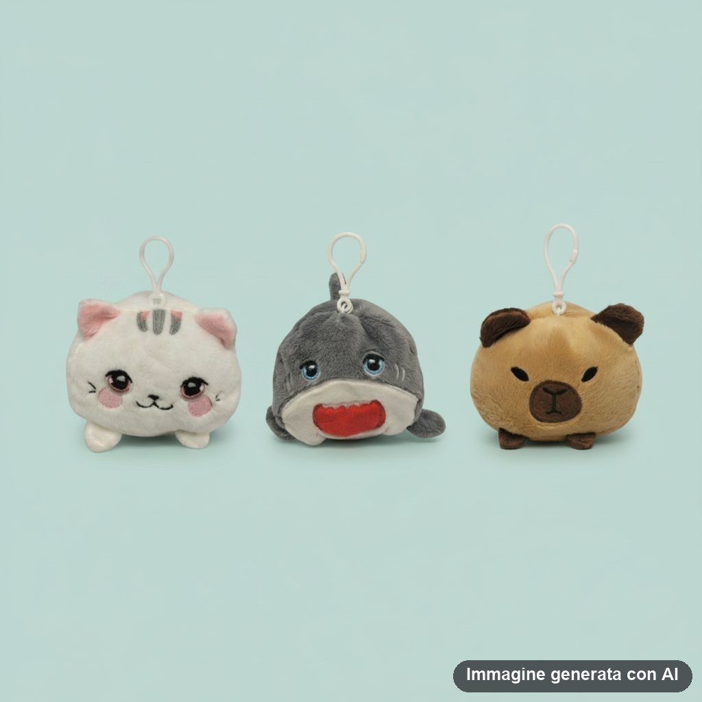 Peluche kawaii per pulire schermo: gatto grigio, elefante e orso su monitor con foglie verdi sullo sfondo