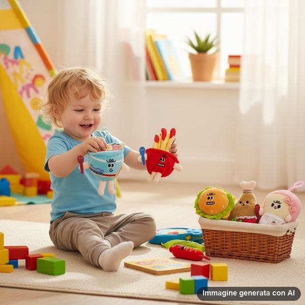 Set di quattro mini peluche kawaii a forma di cibi fast food con facce sorridenti: hamburger, patatine fritte, gelato e panin
