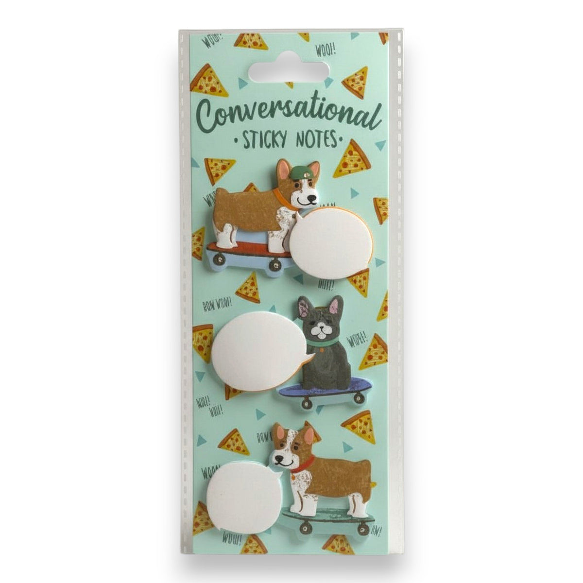 Mano che tiene sticky note rotondo con disegno kawaii di cane e scritta, appoggiato su quaderno con altri adesivi colorati