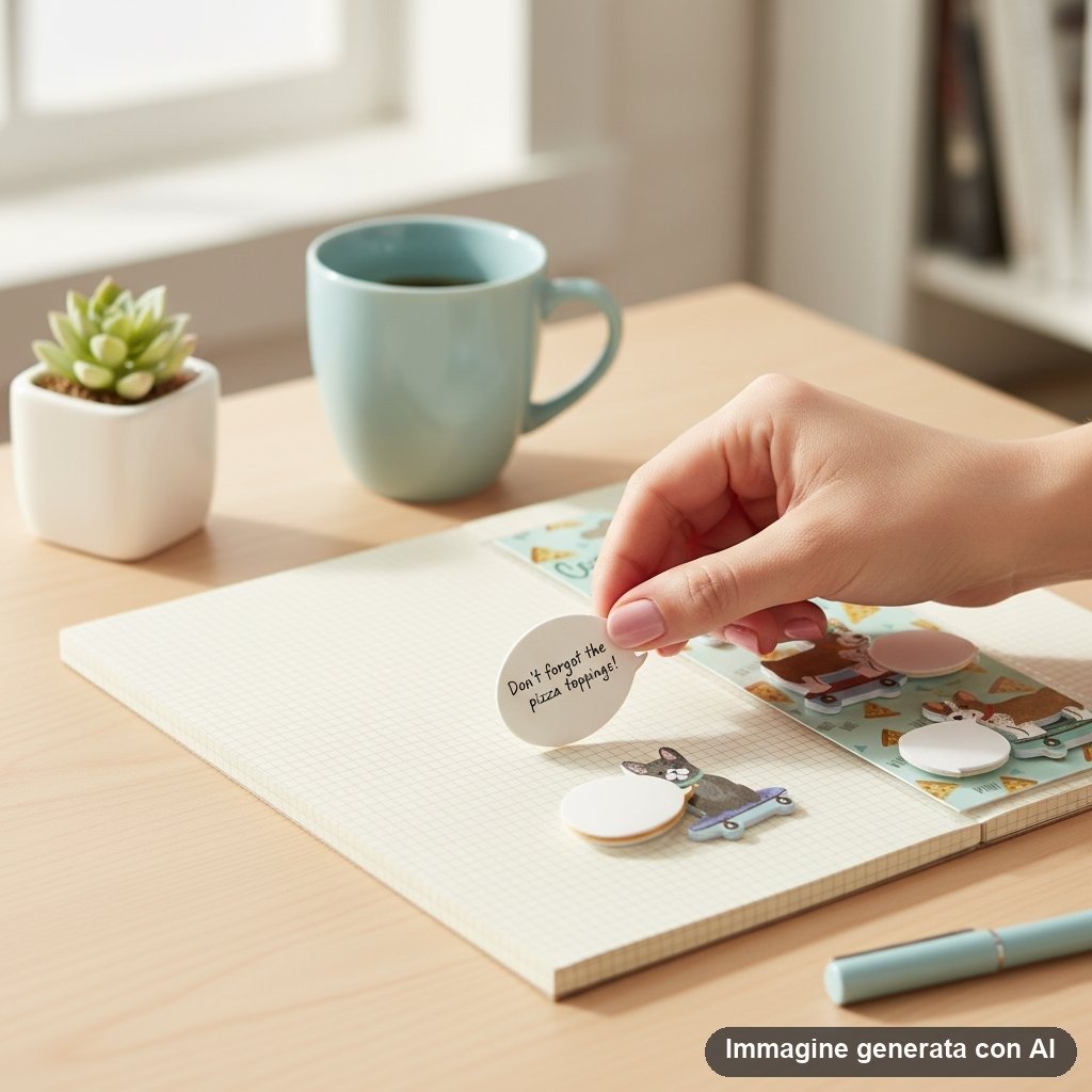 Mano che tiene sticky note rotondo con disegno kawaii di cane e scritta, appoggiato su quaderno con altri adesivi colorati