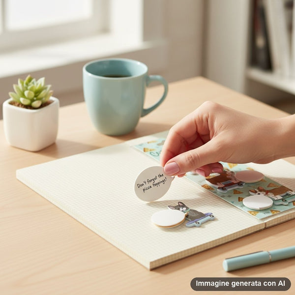 Mano che tiene sticky note rotondo con disegno kawaii di cane e scritta, appoggiato su quaderno con altri adesivi colorati