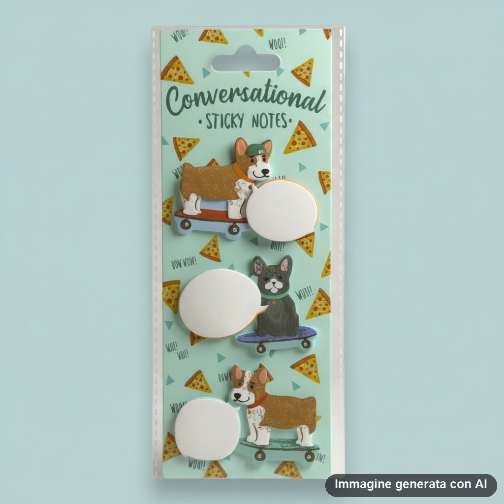 Mano che tiene sticky note rotondo con disegno kawaii di cane e scritta, appoggiato su quaderno con altri adesivi colorati