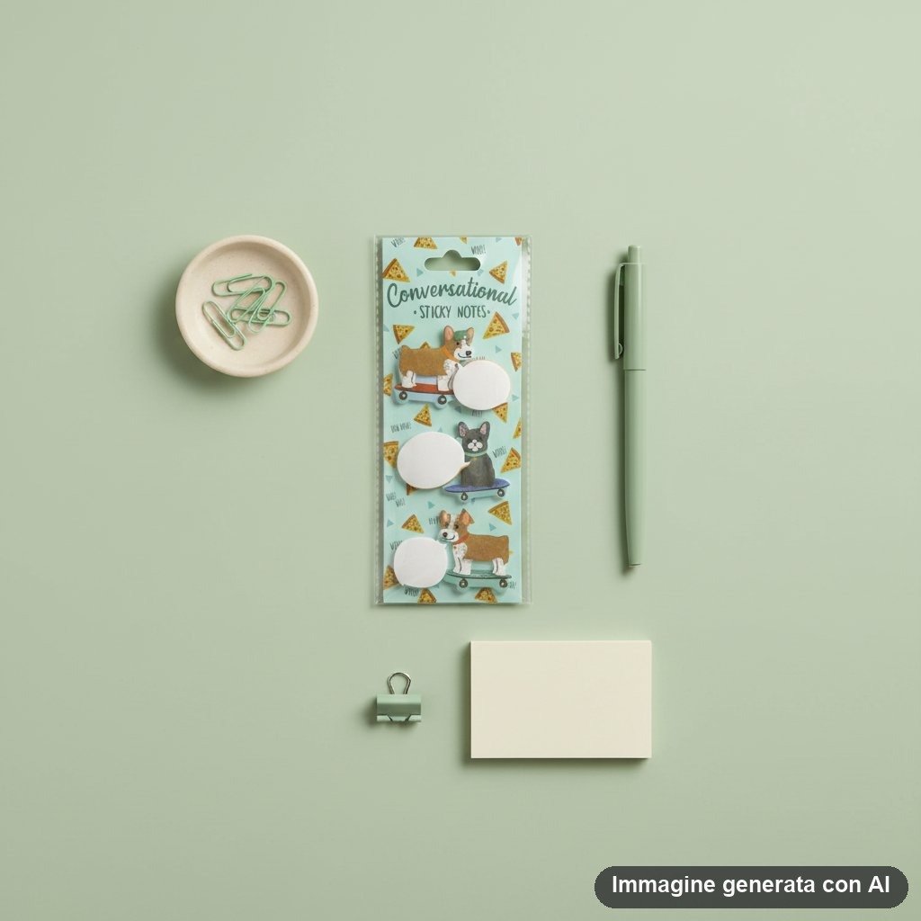 Mano che tiene sticky note rotondo con disegno kawaii di cane e scritta, appoggiato su quaderno con altri adesivi colorati