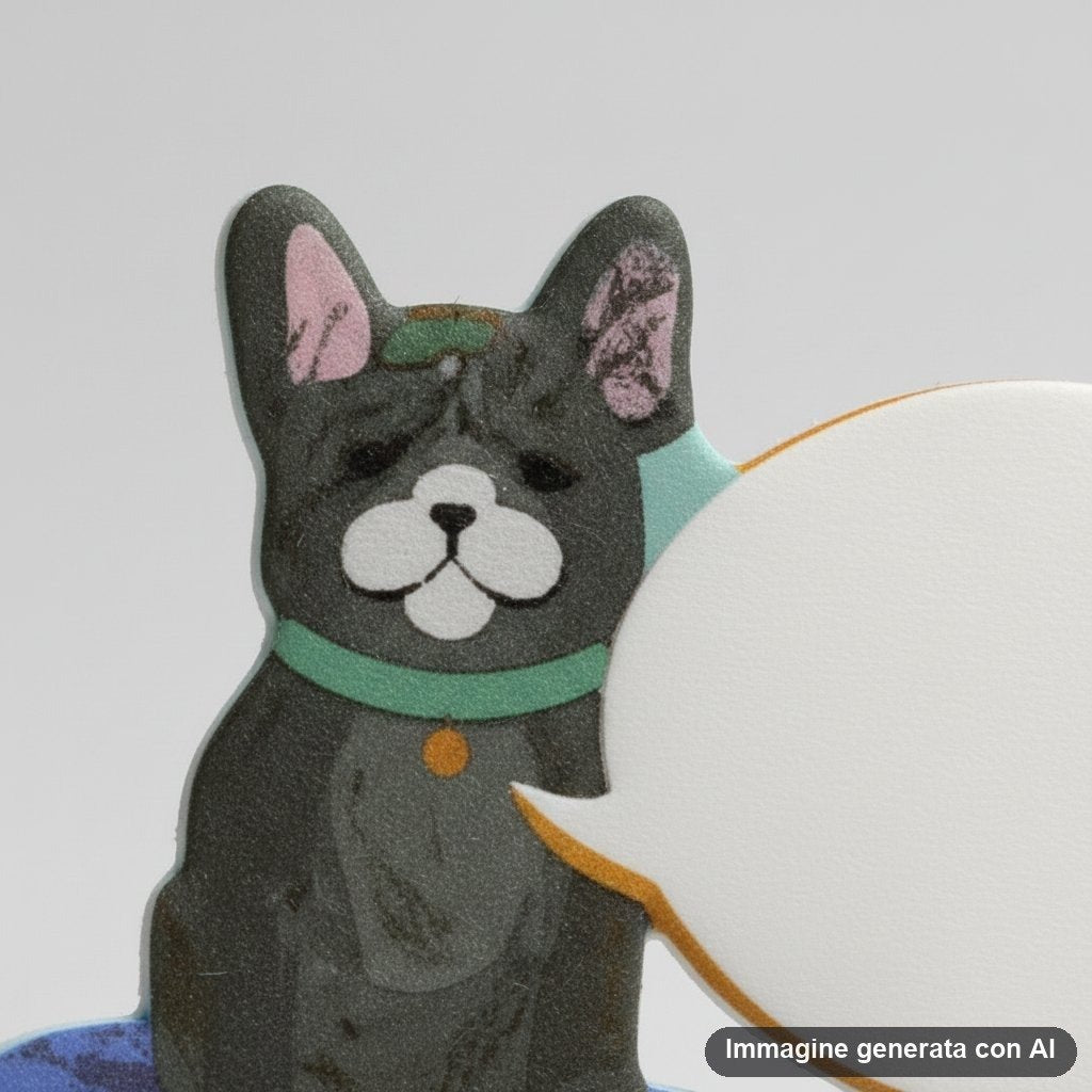 Mano che tiene sticky note rotondo con disegno kawaii di cane e scritta, appoggiato su quaderno con altri adesivi colorati