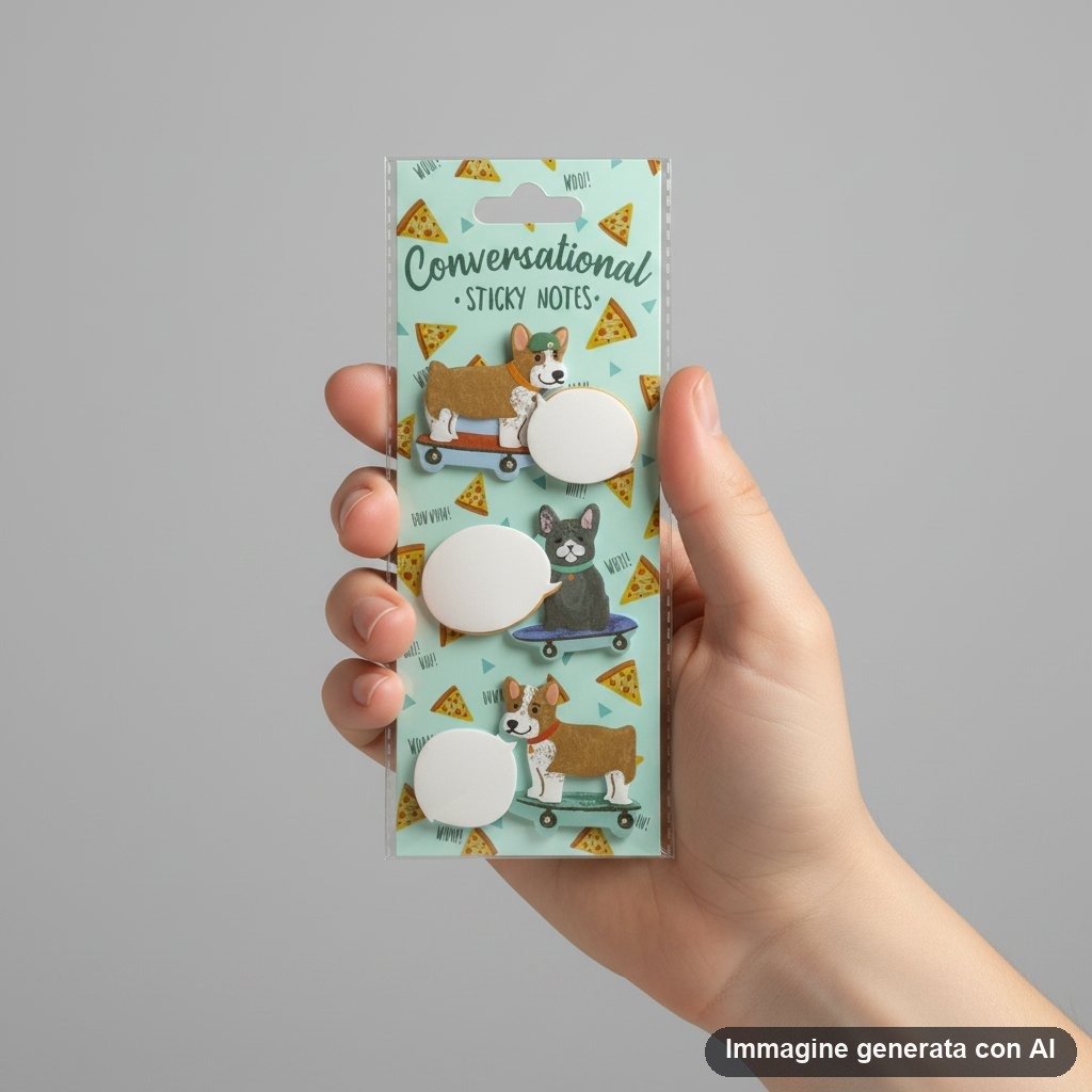 Mano che tiene sticky note rotondo con disegno kawaii di cane e scritta, appoggiato su quaderno con altri adesivi colorati
