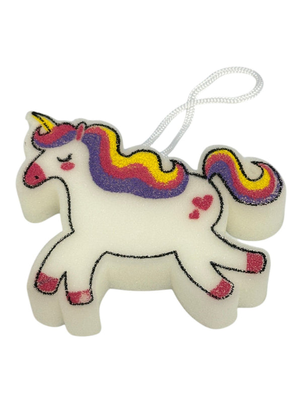 Spugna da bagno a forma di unicorno bianco con criniera arcobaleno, cuori rosa e laccetto