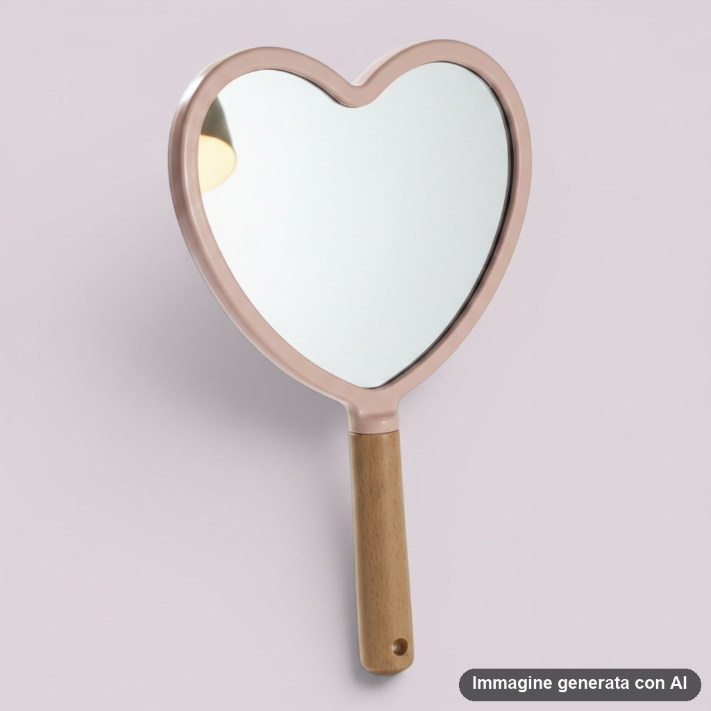 Specchio a forma di cuore con cornice rosa pastello e manico in legno naturale, su sfondo viola