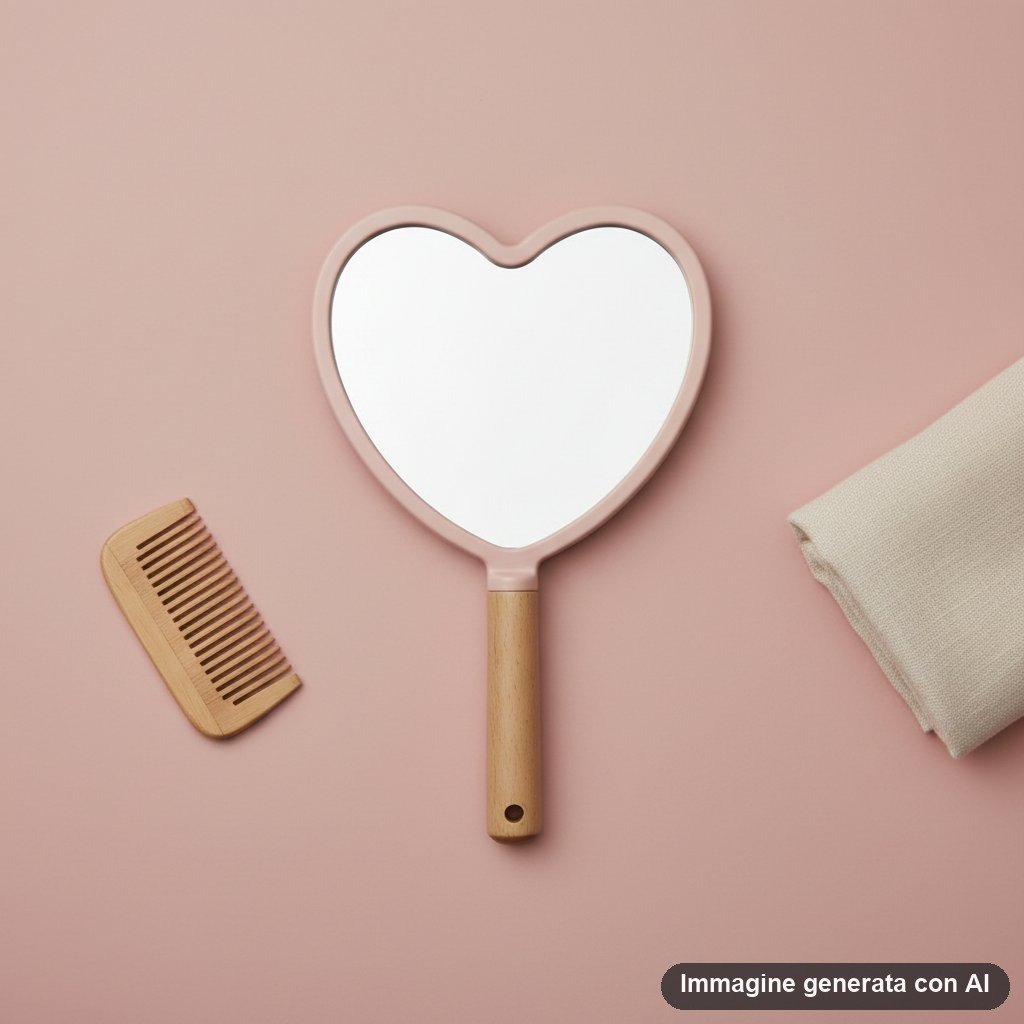 Specchio a forma di cuore con cornice rosa pastello e manico in legno naturale, su sfondo viola